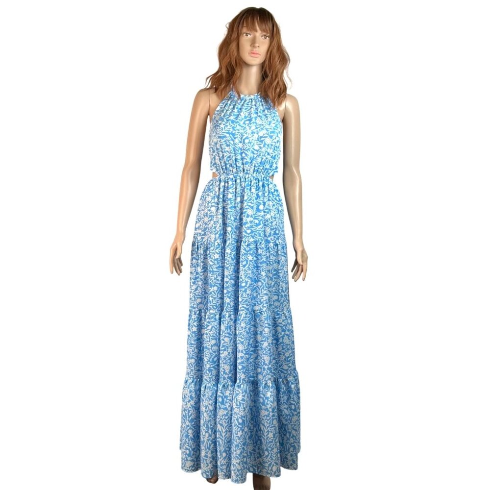 Blue & White Floral Backless Halter Maxi Dress With Tie Detail & Cutouts Aakaa